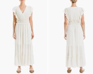 Max Studio Whtie Crepe Flutter Sleeve Maxi Dress size L